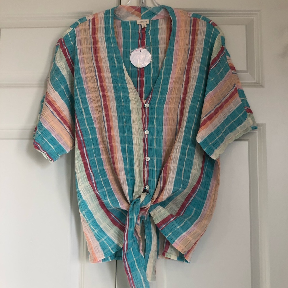 NWT En Creme Striped Gauze Button Down Tie Front Top, Size Large - Picture 2 of 13